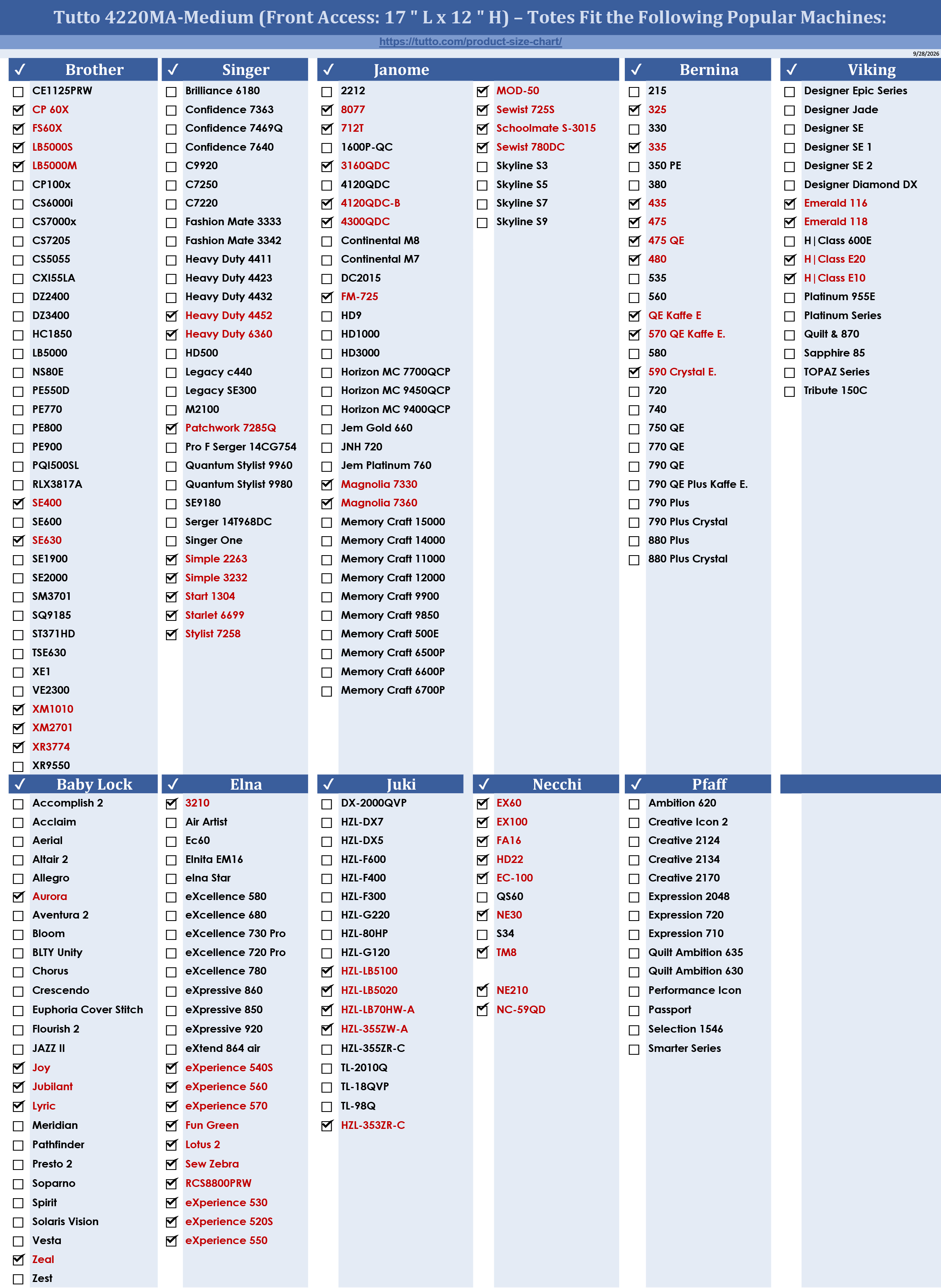 Tutto 4220MA-Medium Size Chart