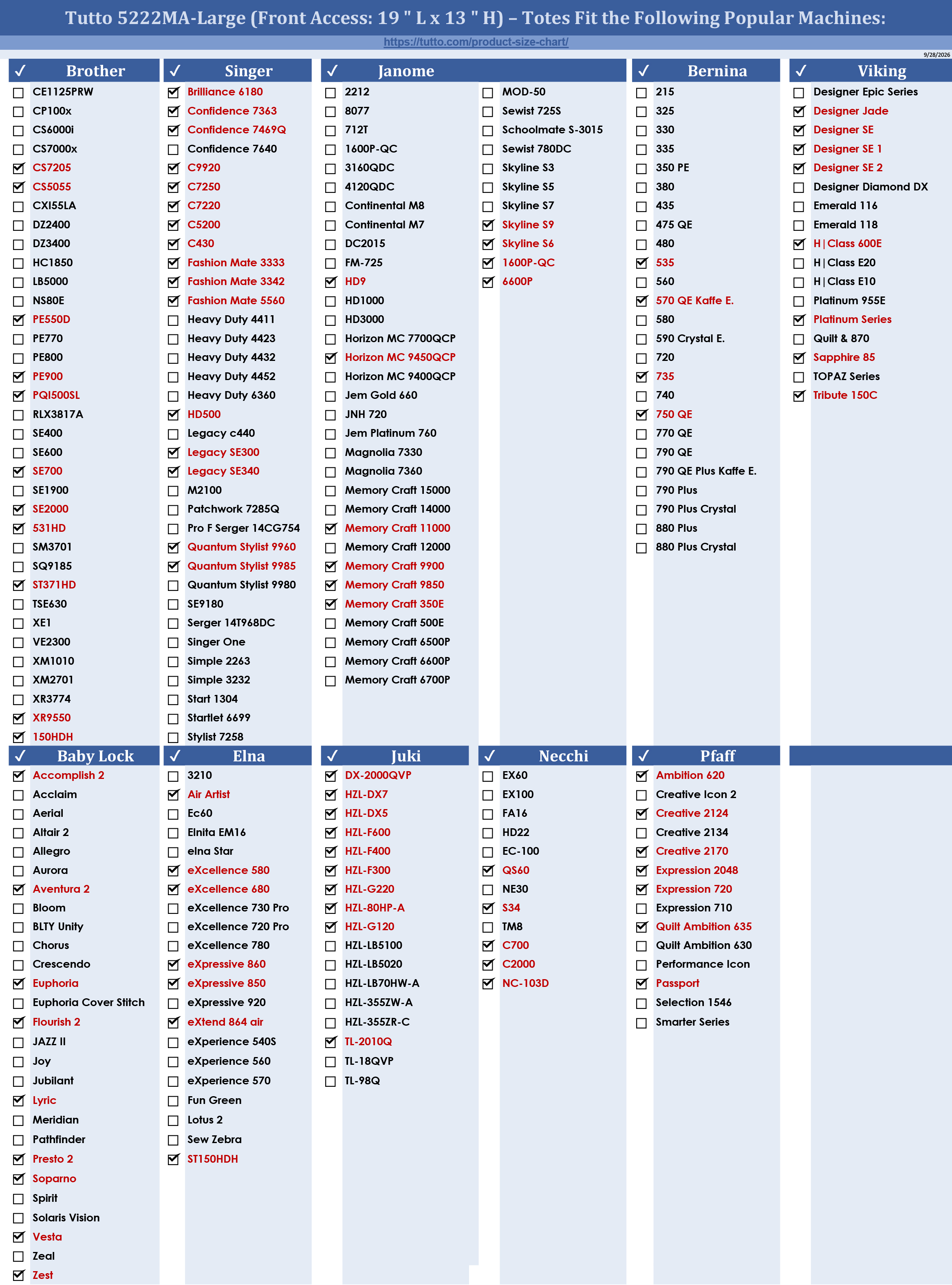 Tutto 5222MA-Large Size Chart