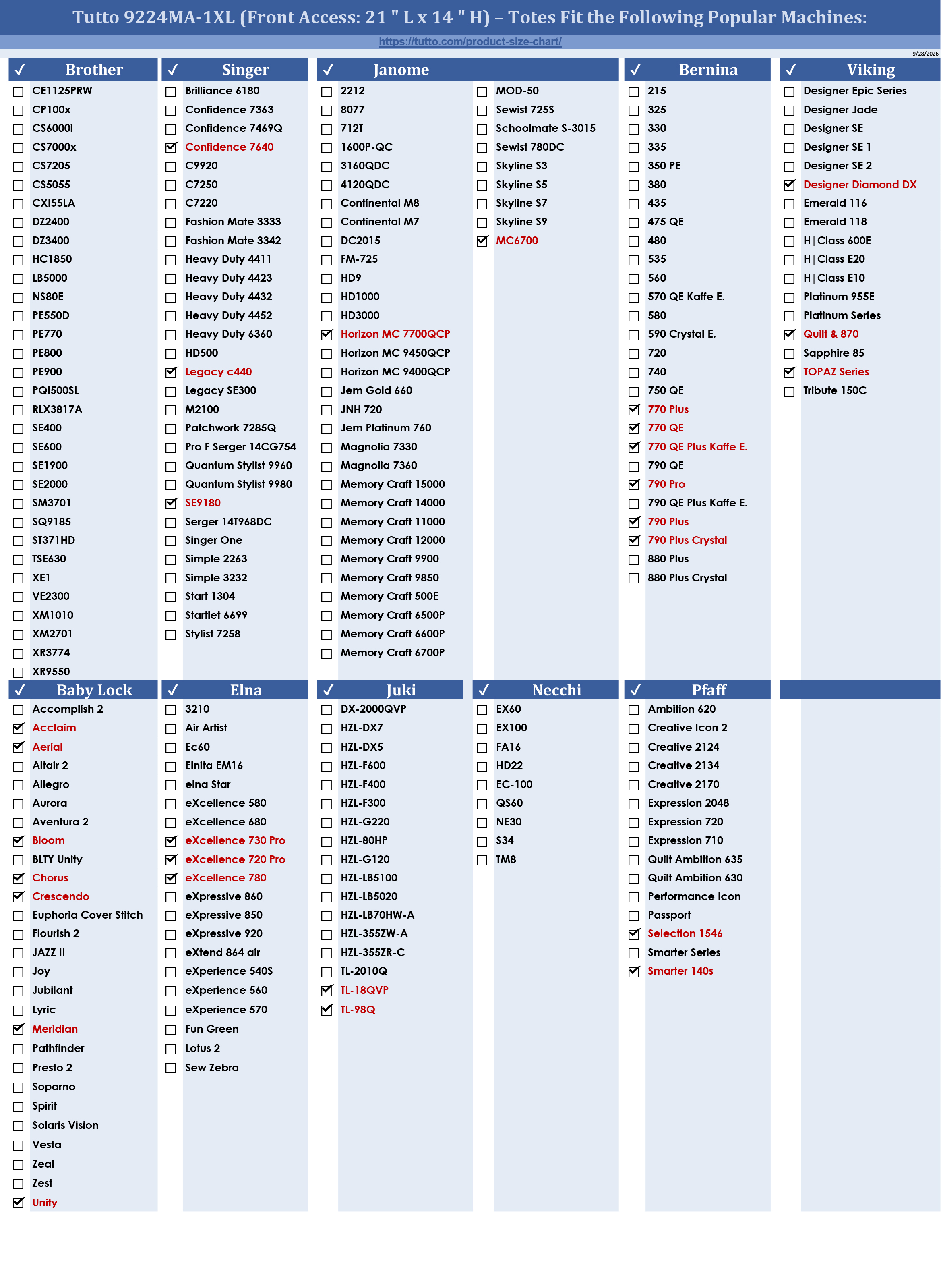 Tutto 9224MA-1XL Size Chart